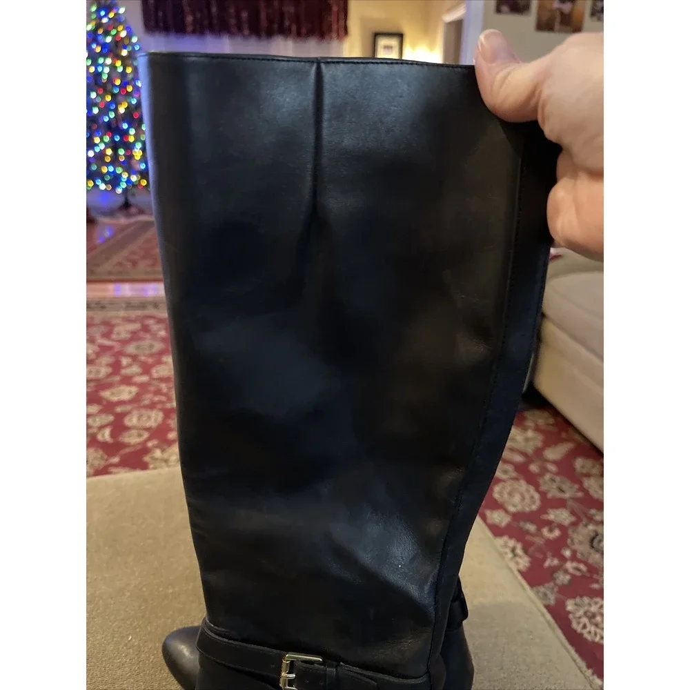 Ralph Lauren Nally Black Leather Buckle Zip Up Knee Mid Heeled Boots Size 8B (TD